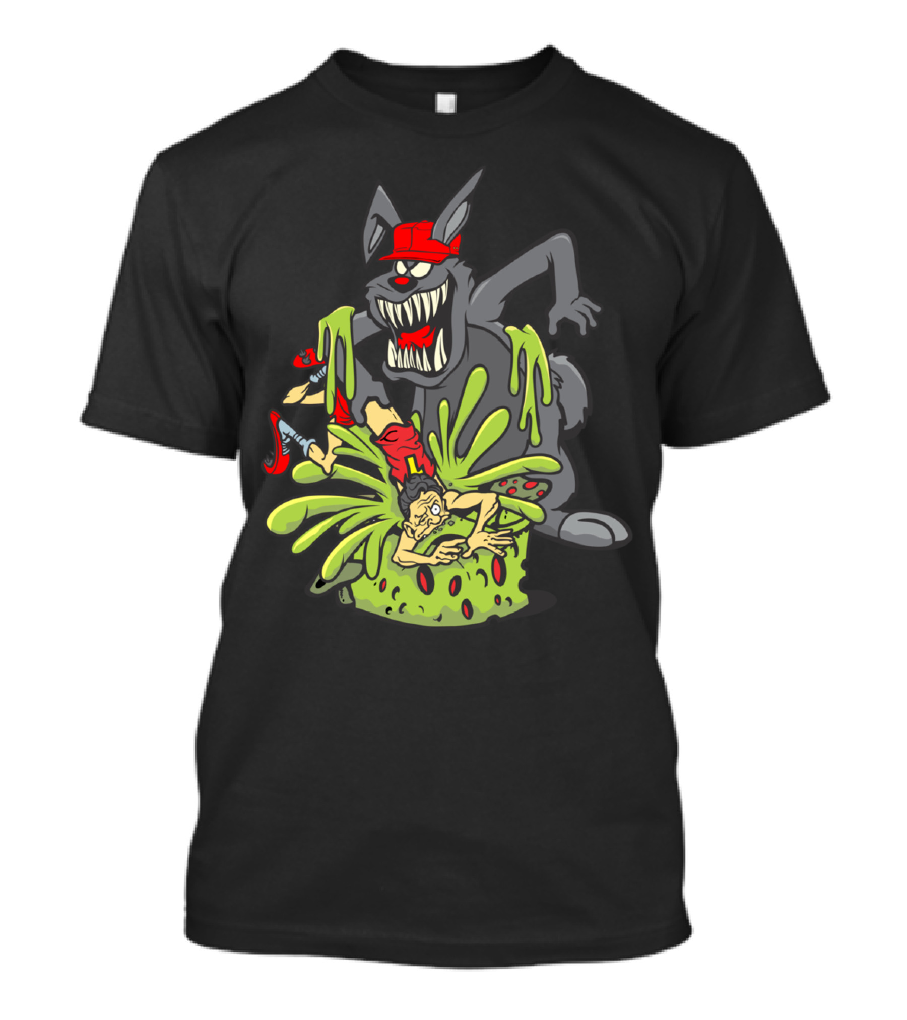 AngryBit Rabid Cartoon Wolf Monster With Baseball Cap Chasing Slime-Green Geyser Explosion T-Shirt