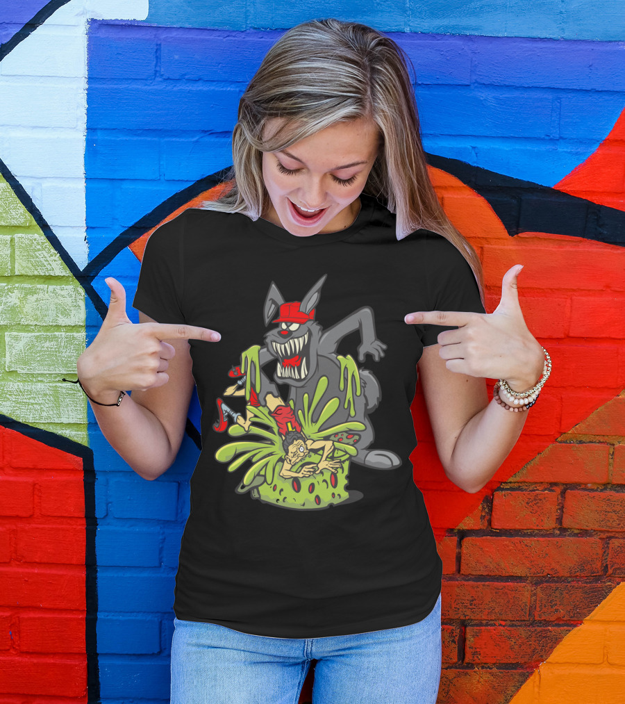 AngryBit Rabid Cartoon Wolf Monster With Baseball Cap Chasing Slime-Green Geyser Explosion T-Shirt