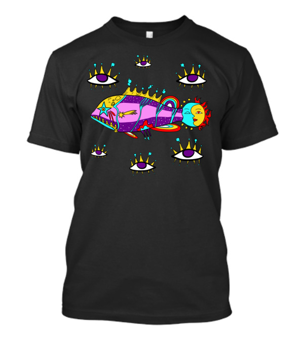 Cosmic Fish Surrounded By Crowned Eyes With Sun And Moon Faces T-Shirt