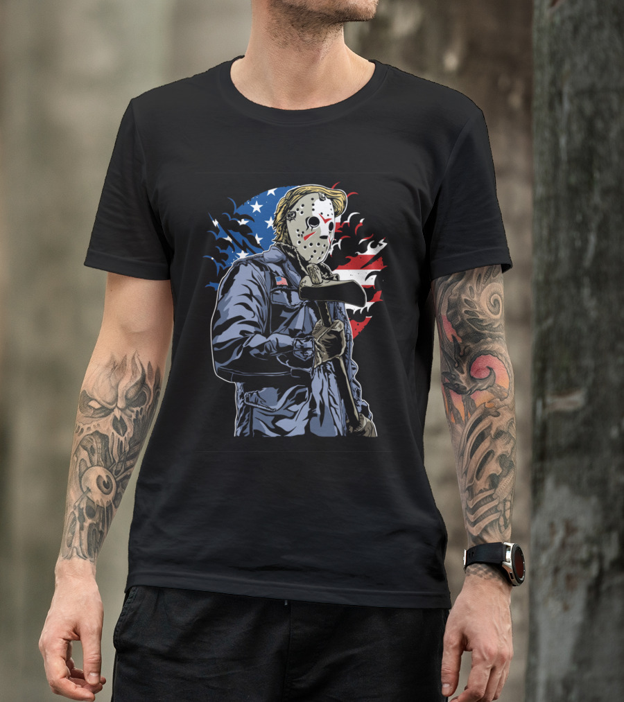 Man With Axe Hockey Mask American Flag Style Halloween T-Shirt