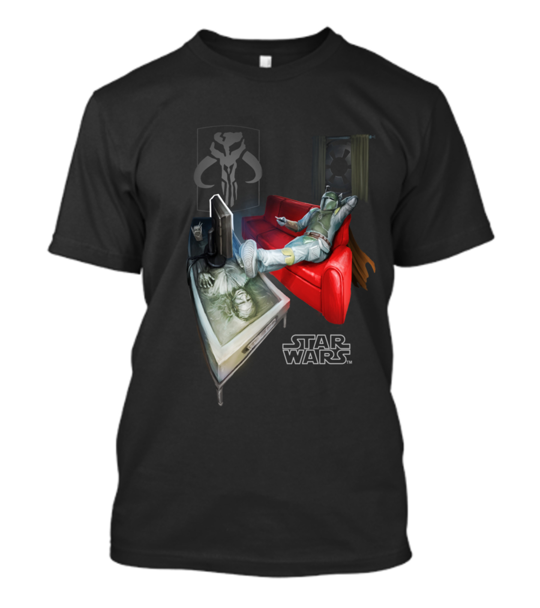 Star Wars Boba Fett Relaxing On Couch With Han Solo In Carbonite T-Shirt