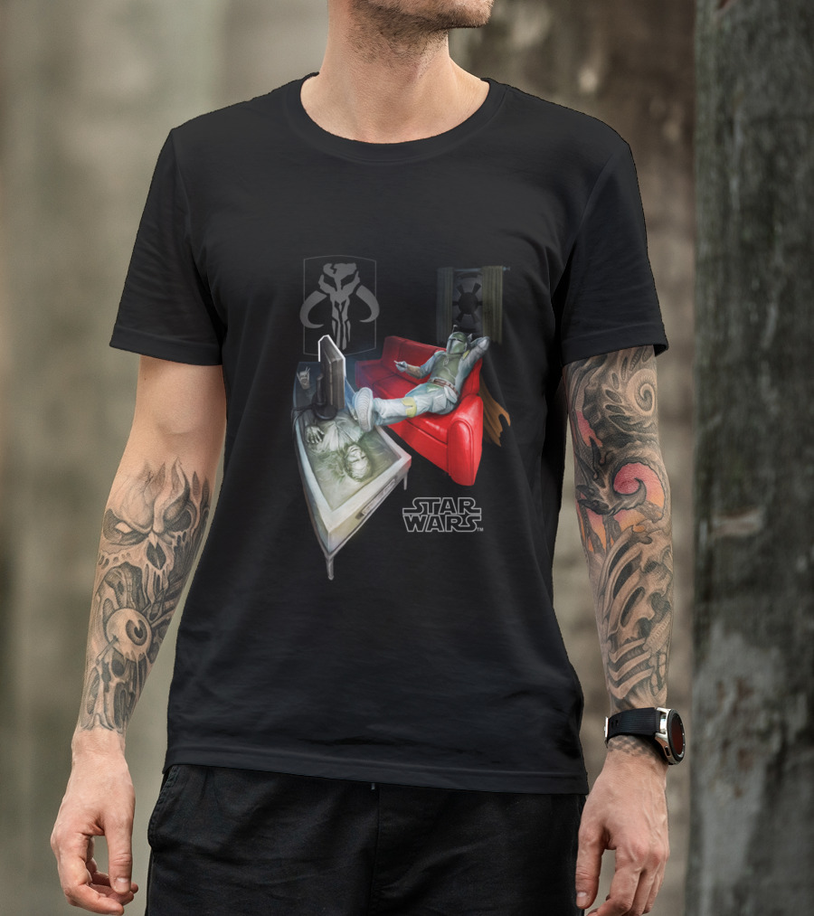 Star Wars Boba Fett Relaxing On Couch With Han Solo In Carbonite T-Shirt
