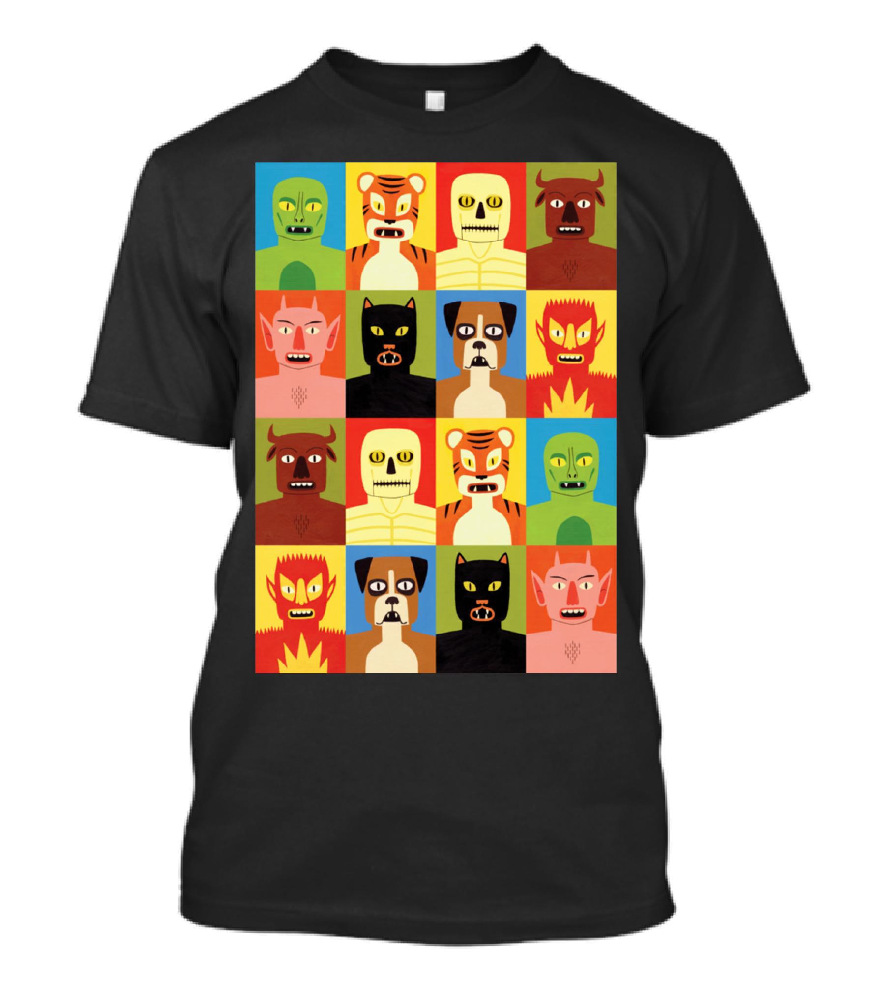 Animen Cartoon Block Pattern With Colorful Animal Masks And Faces T-Shirt