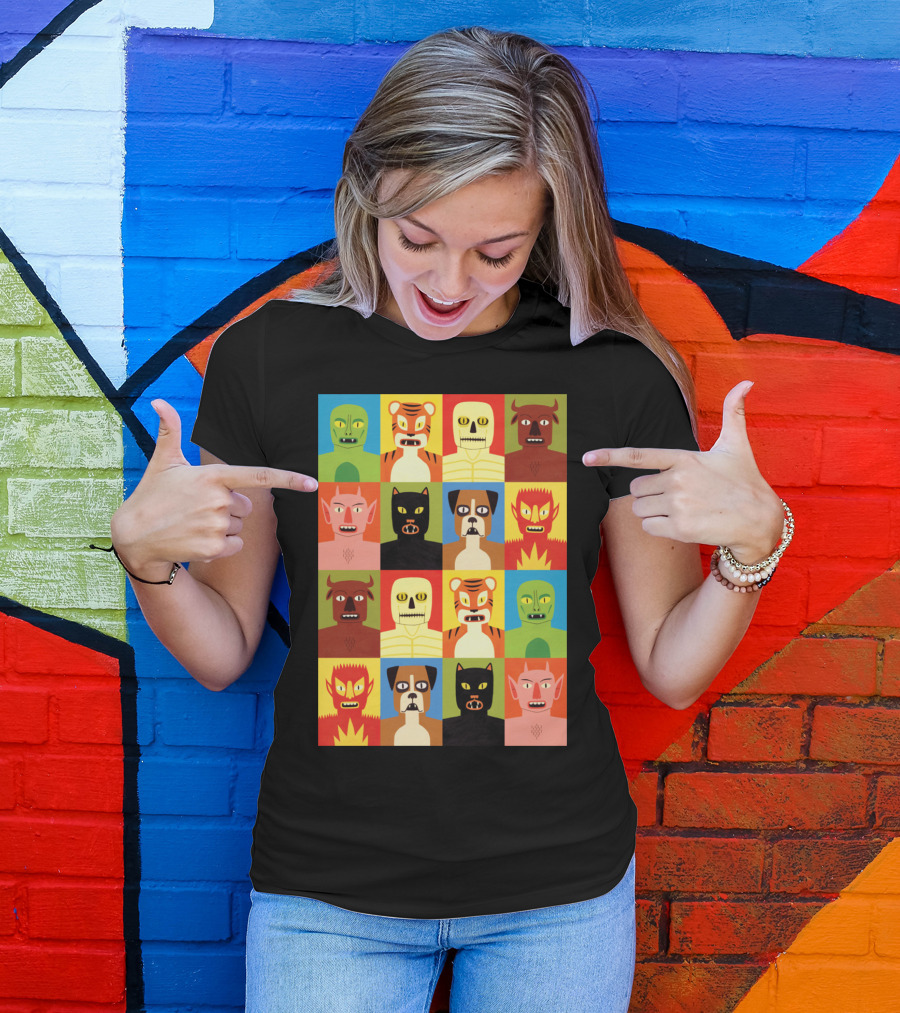 Animen Cartoon Block Pattern With Colorful Animal Masks And Faces T-Shirt
