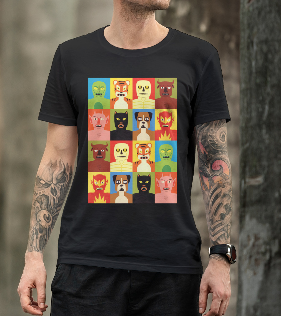 Animen Cartoon Block Pattern With Colorful Animal Masks And Faces T-Shirt
