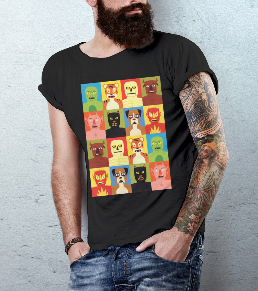 Animen Cartoon Block Pattern With Colorful Animal Masks And Faces T-Shirt