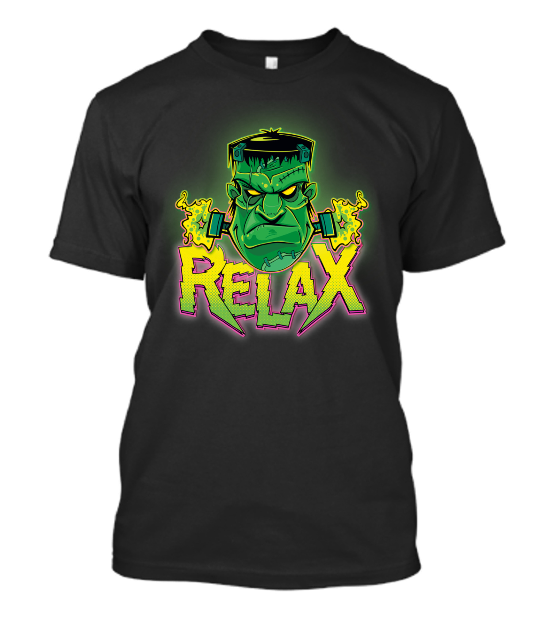 Frankenstein Says Relax Blazing Neon Green Face With Smoking Bolts T-Shirt