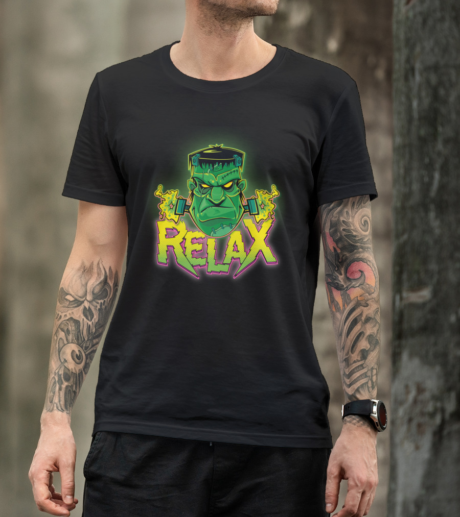 Frankenstein Says Relax Blazing Neon Green Face With Smoking Bolts T-Shirt