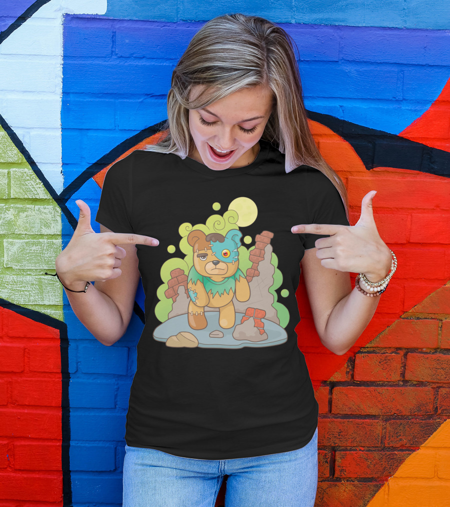 Frankenstein Patchwork Bear With Ruins And Full Moon Background T-Shirt