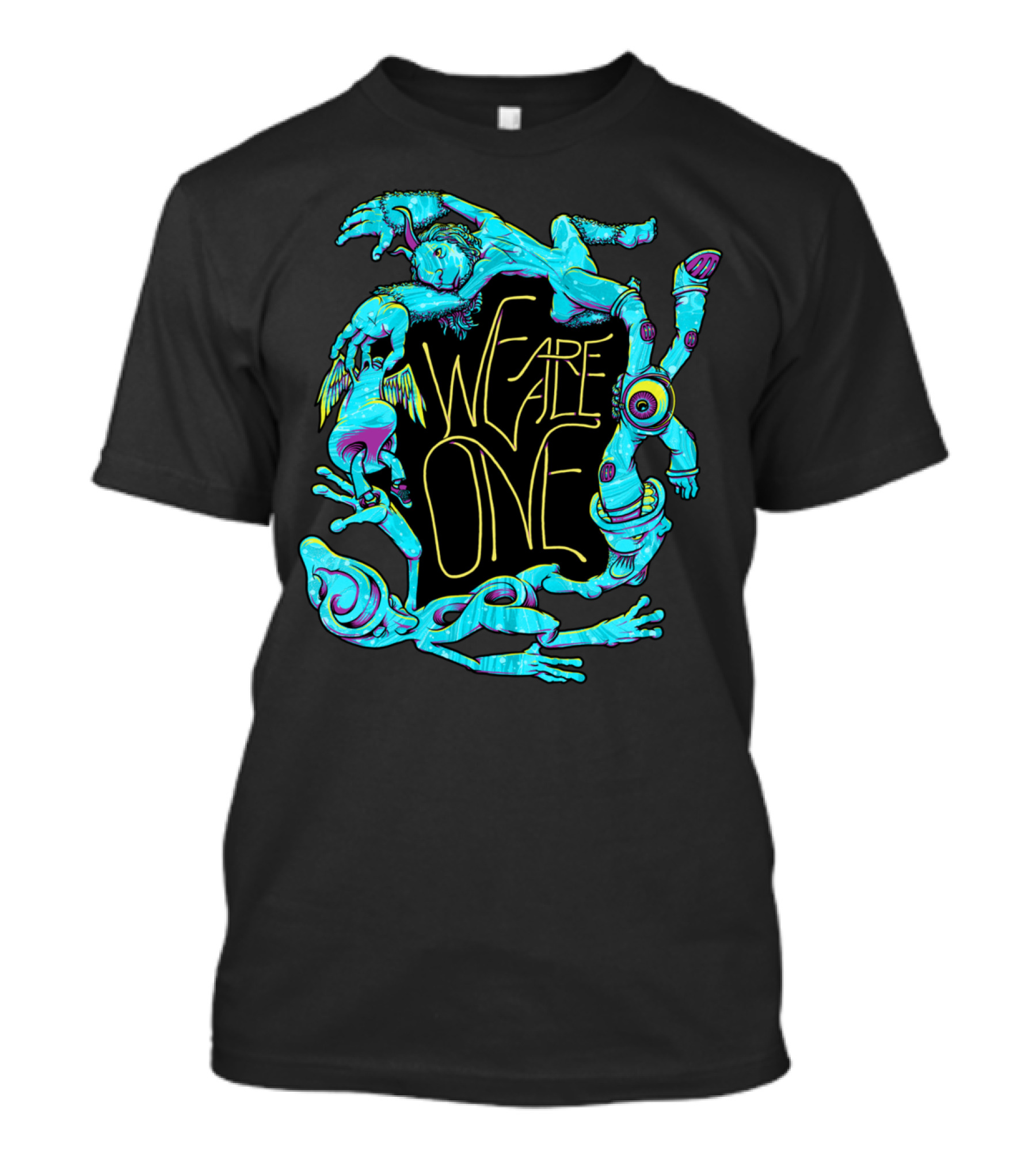 We Are All One Psychedelic Figures Mid-Century Style With Neon Fantasy Creatures T-Shirt