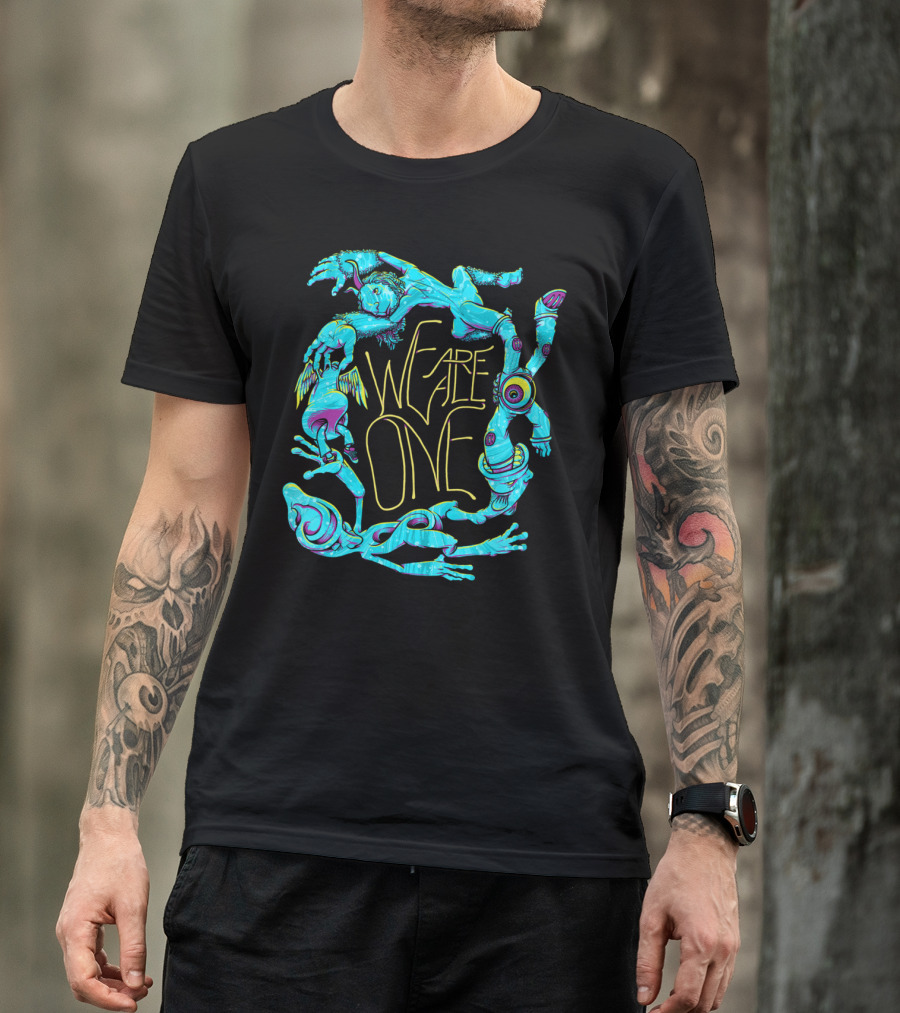 We Are All One Psychedelic Figures Mid-Century Style With Neon Fantasy Creatures T-Shirt