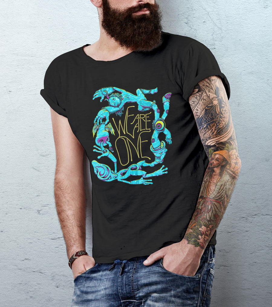 We Are All One Psychedelic Figures Mid-Century Style With Neon Fantasy Creatures T-Shirt
