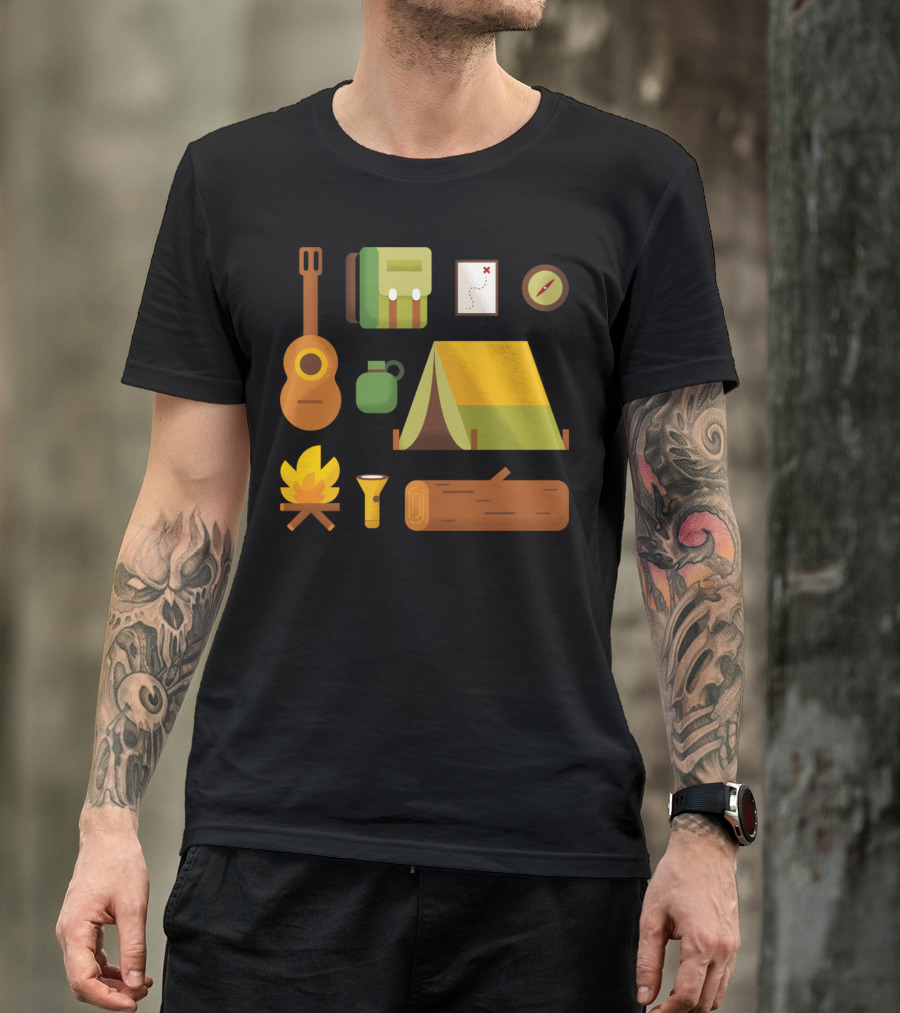 Camping Essentials Guitar Backpack Tent Map Compass Campfire Flashlight Log T-Shirt