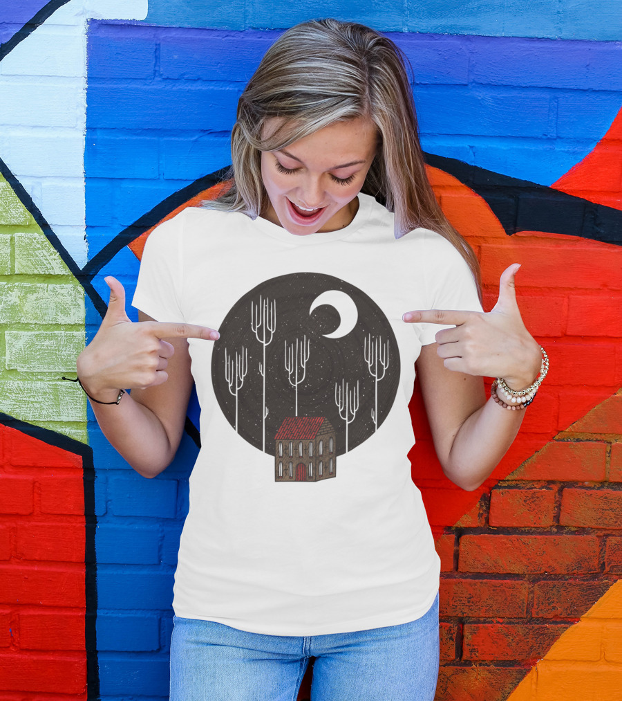 Another Night With Crescent Moon And Lonely House In The Dark Forest T-Shirt