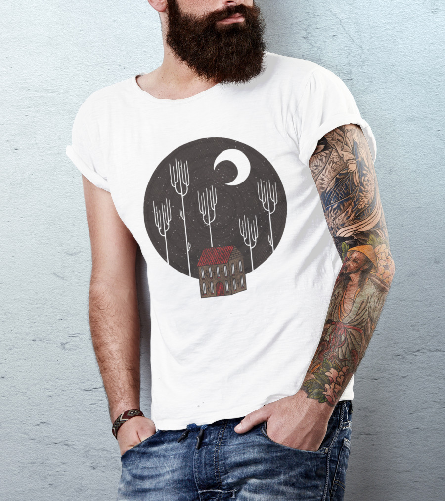 Another Night With Crescent Moon And Lonely House In The Dark Forest T-Shirt