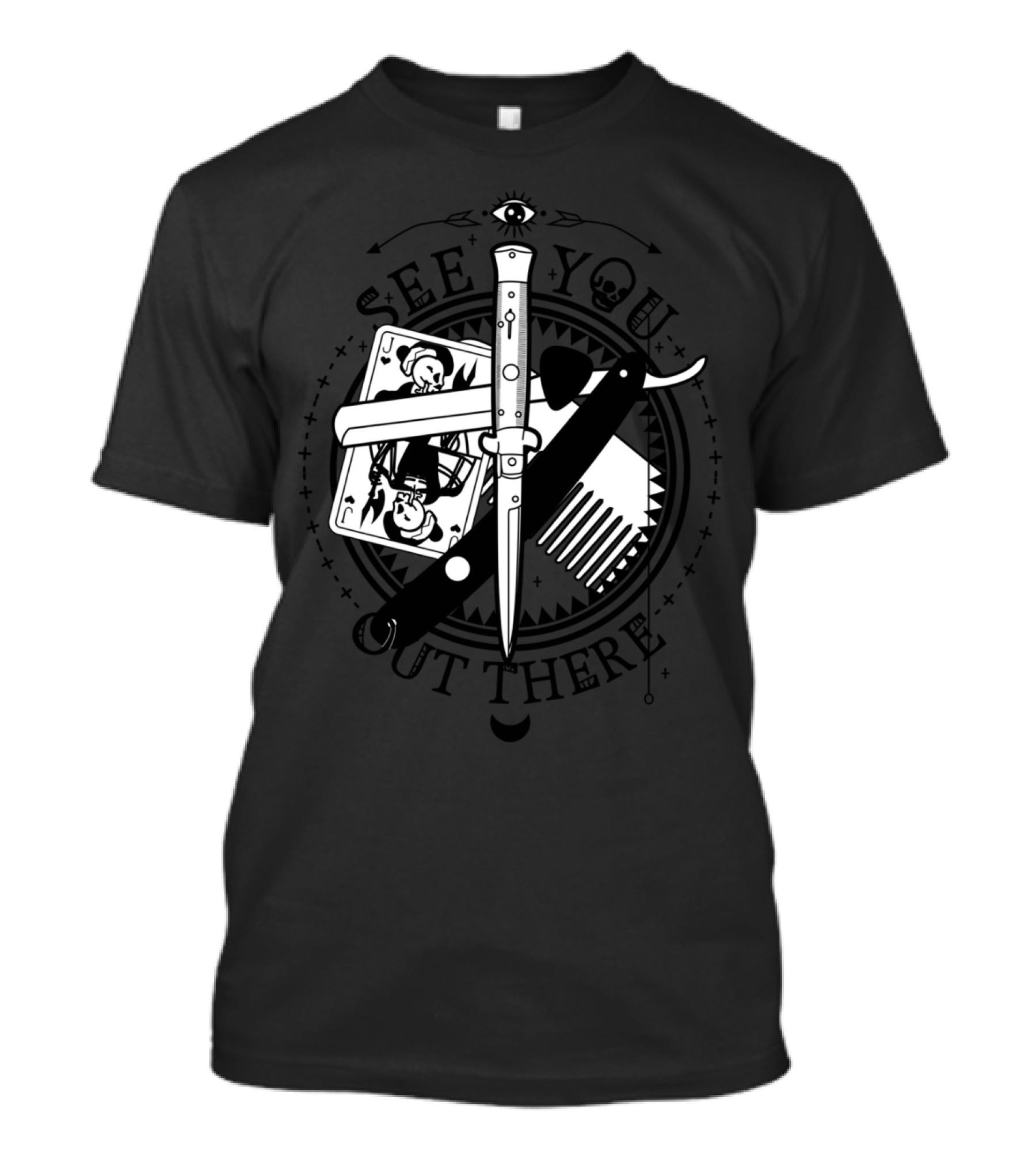 See You Out There Boho Hipster Dead Man Gambler Accessories Poker Cards Knife Comb Razor Eye Skull T-Shirt
