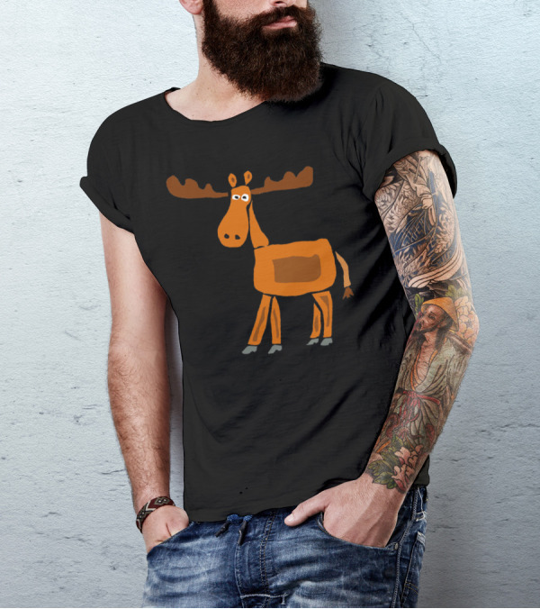Bold Moose Primitive Art Original Whimsical Cartoon T-Shirt