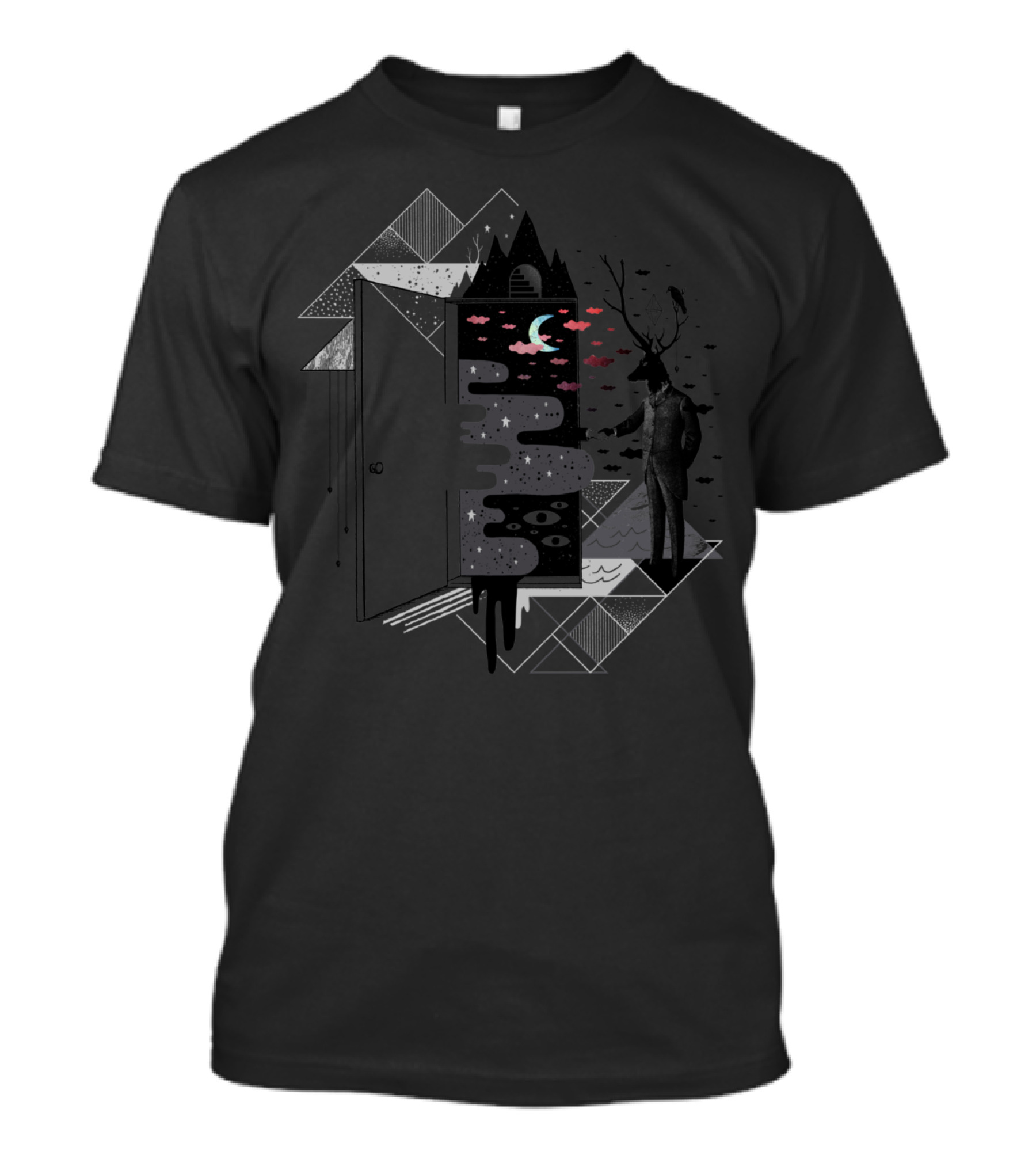 Take It Or Dream It Cosmic Stag Doorway And Geometric Mountains T-Shirt