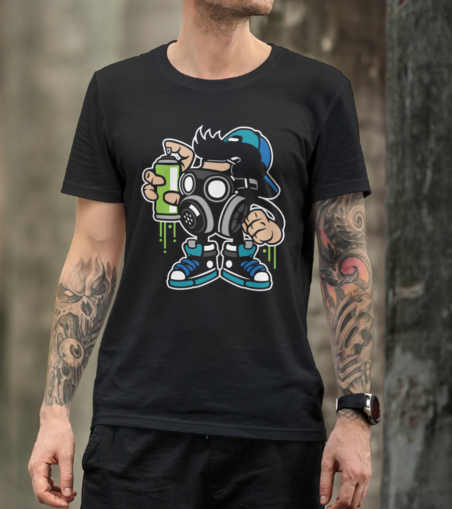 Bomber Graffiti Spray Can Character With Gas Mask And Cap T-Shirt
