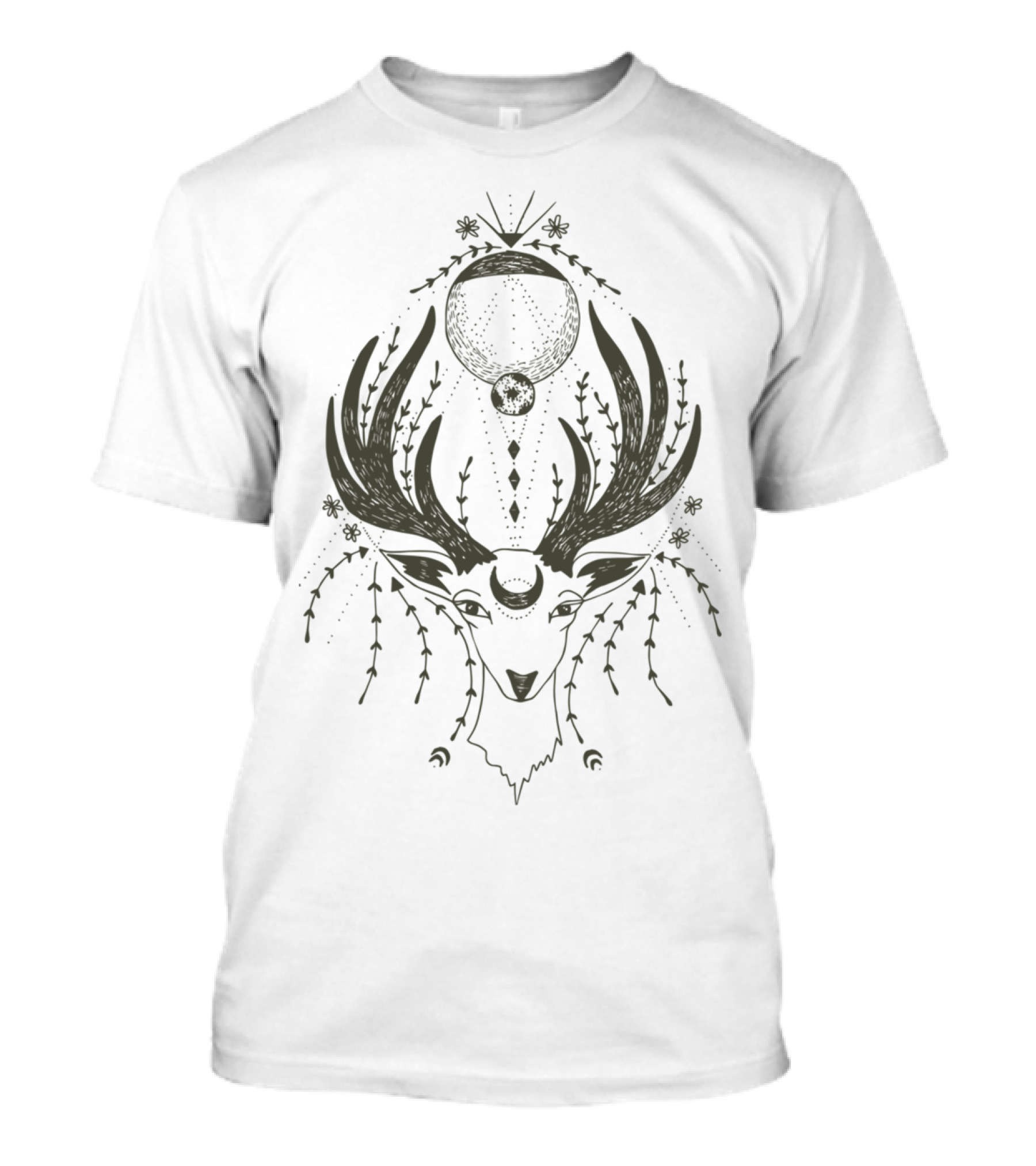 Antler Moon Stag With Celestial Elements And Floral Accents T-Shirt
