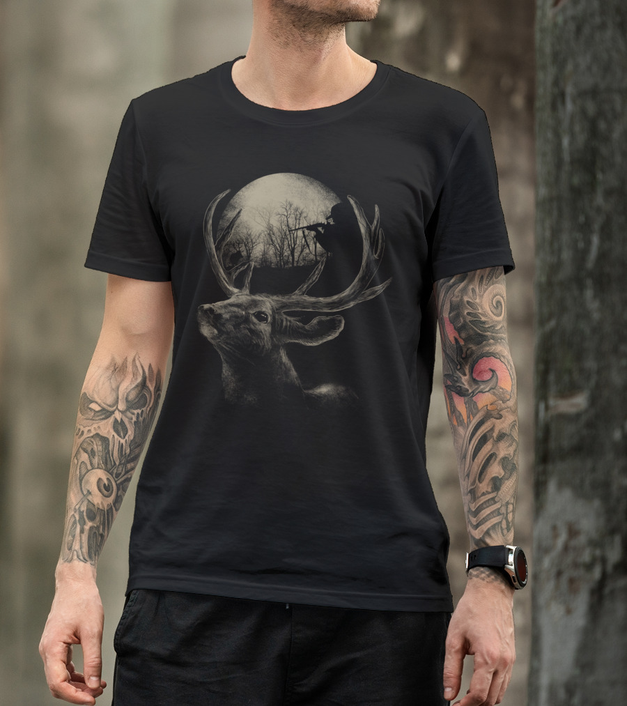 Take Your Aim Deer Hunter Under Moonlit Forest Scene T-Shirt