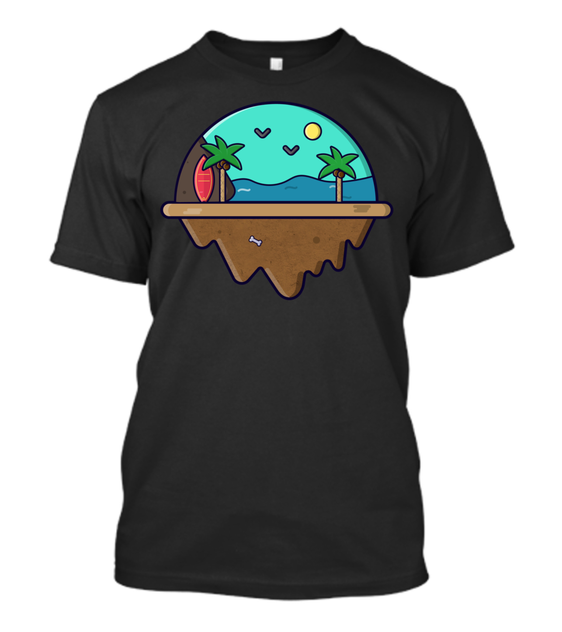 Beach Island Floating Oasis With Palm Trees And Surfboard T-Shirt