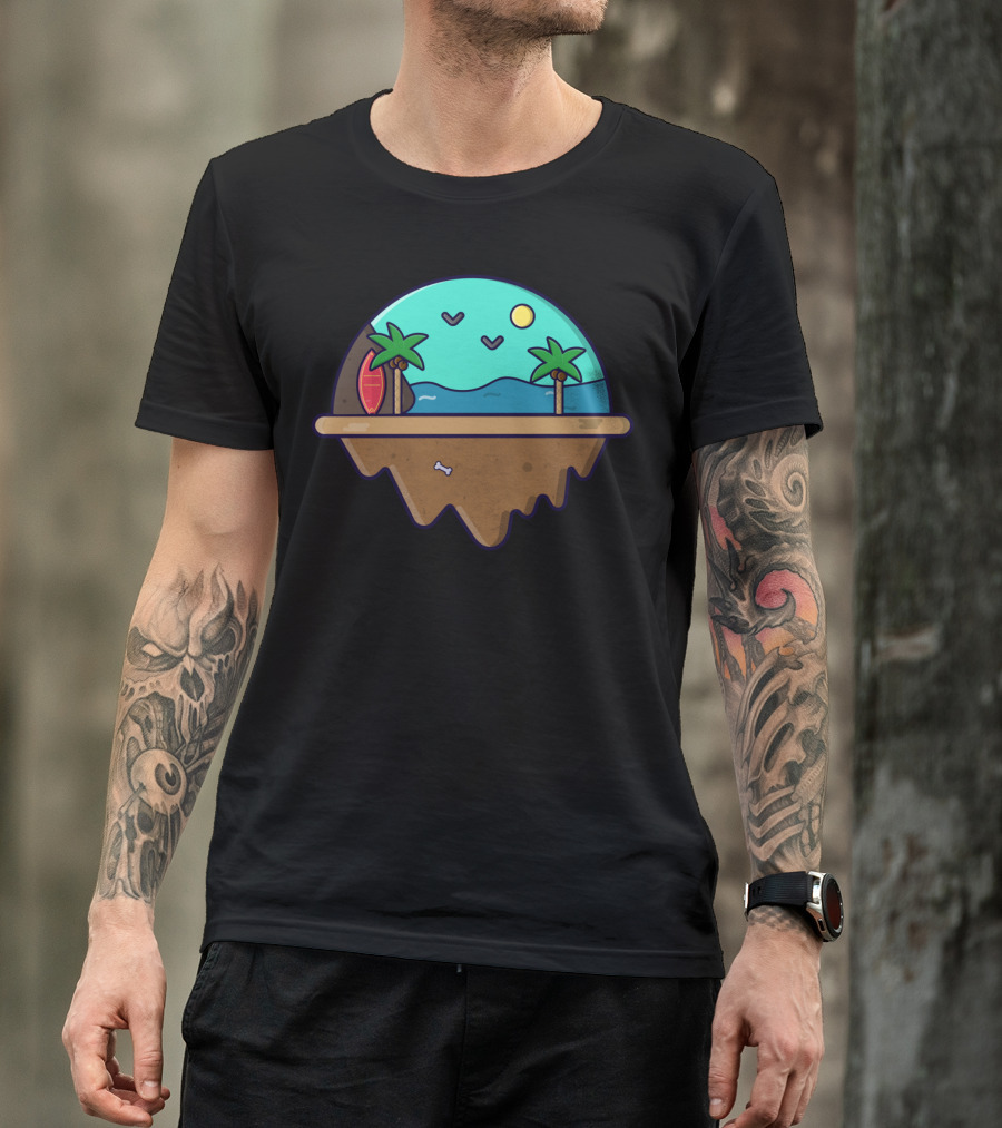 Beach Island Floating Oasis With Palm Trees And Surfboard T-Shirt