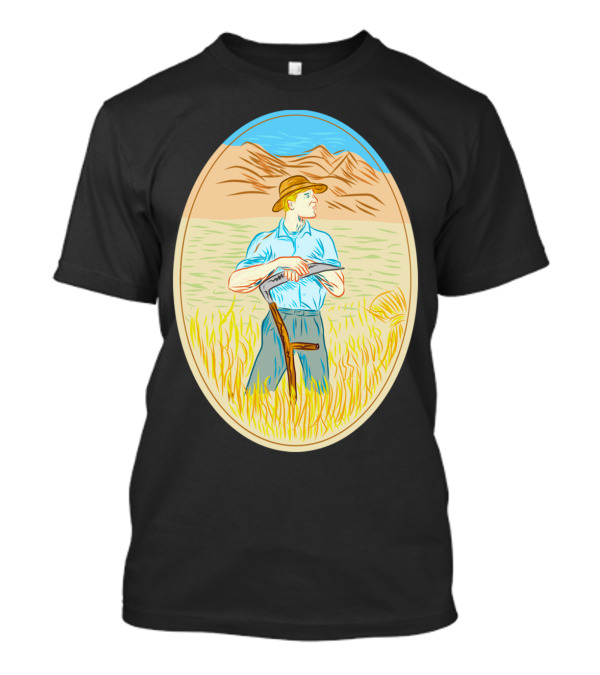 Wheat Organic Farmer Scythe Oval Vintage T-Shirt