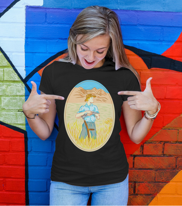 Wheat Organic Farmer Scythe Oval Vintage T-Shirt