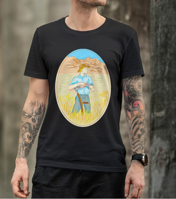 Wheat Organic Farmer Scythe Oval Vintage T-Shirt