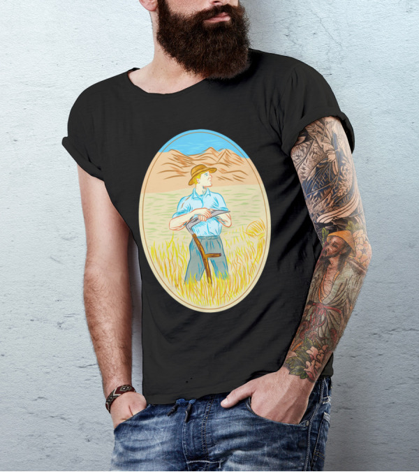 Wheat Organic Farmer Scythe Oval Vintage T-Shirt
