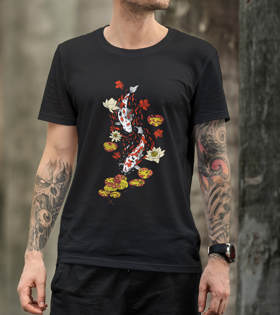 Falling Fishes Koi Autumn Leaves Lotus Lilypads T-Shirt
