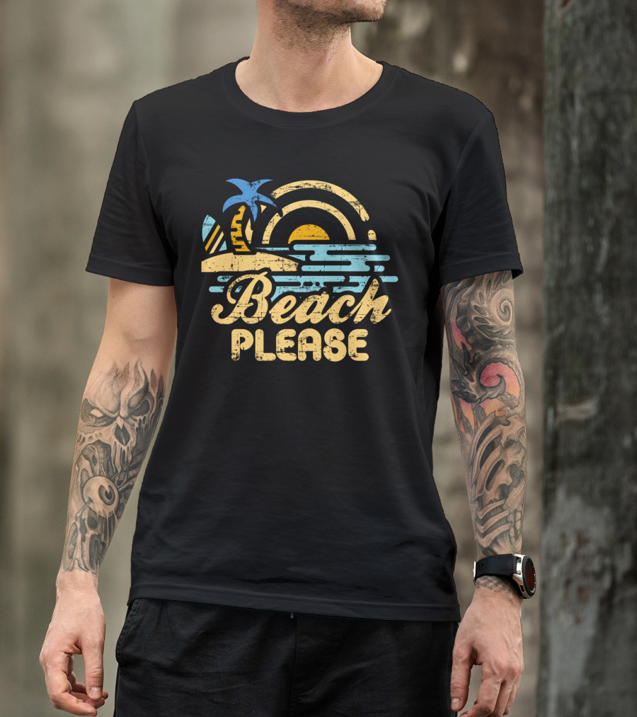 Beach Please Palm Tree Sunset Vintage Retro Ocean Waves T-Shirt