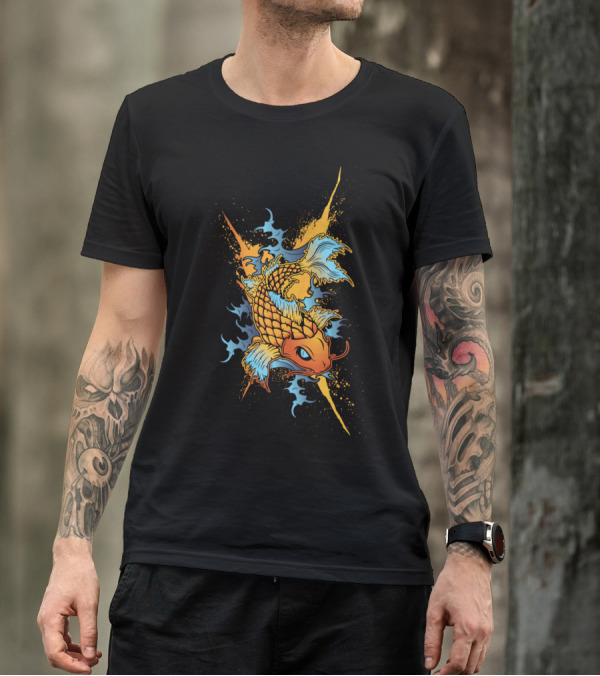 Koi Pond Vibrant Splash Art Blue Orange Fish T-Shirt