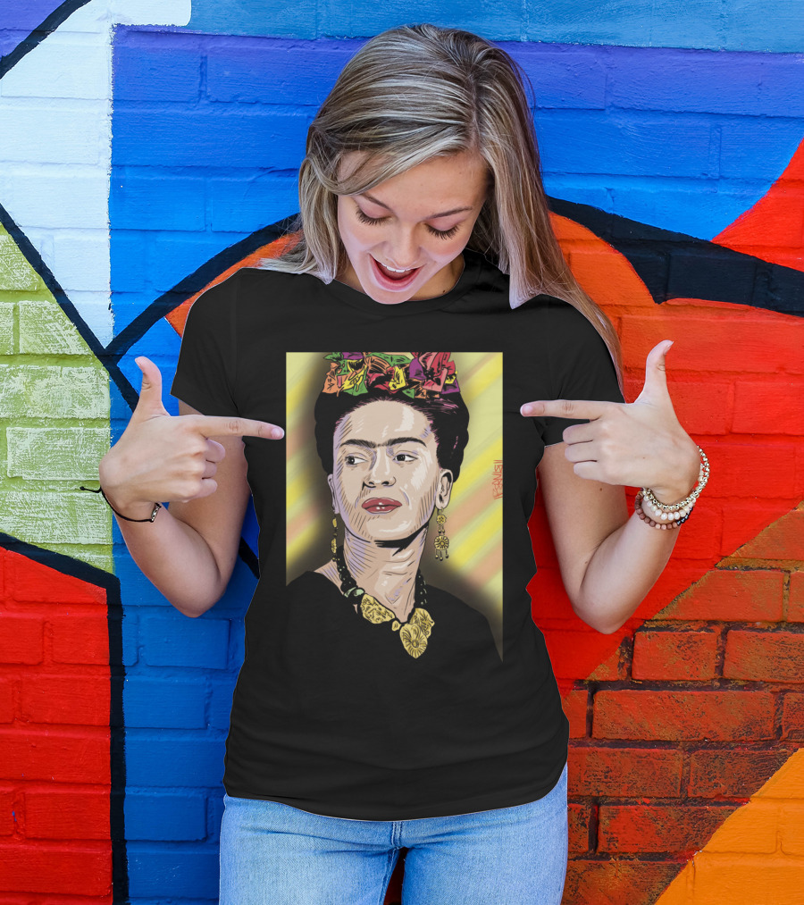 Frida Colorful Portrait With Floral Headpiece And Bold Jewelry T-Shirt