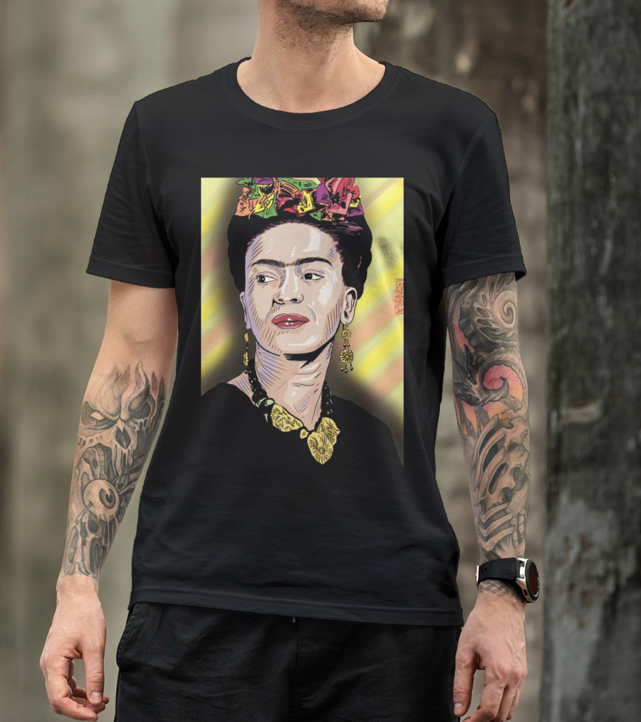 Frida Colorful Portrait With Floral Headpiece And Bold Jewelry T-Shirt
