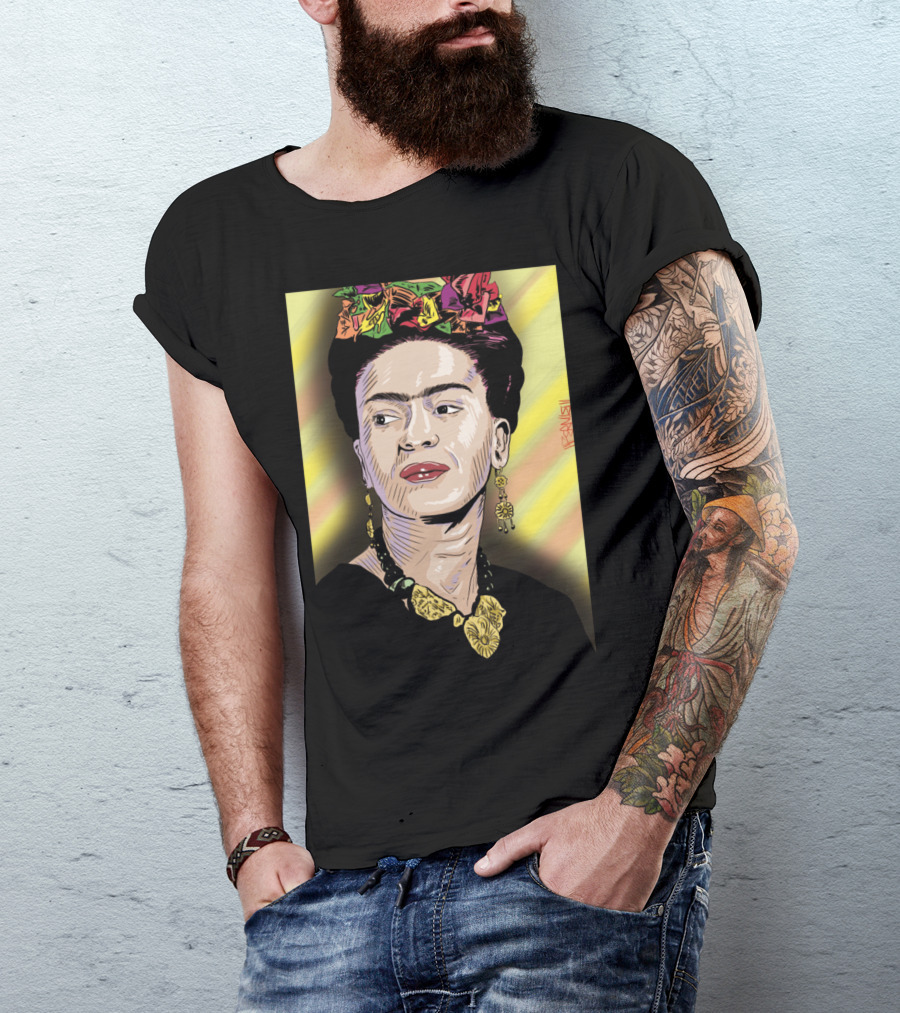 Frida Colorful Portrait With Floral Headpiece And Bold Jewelry T-Shirt
