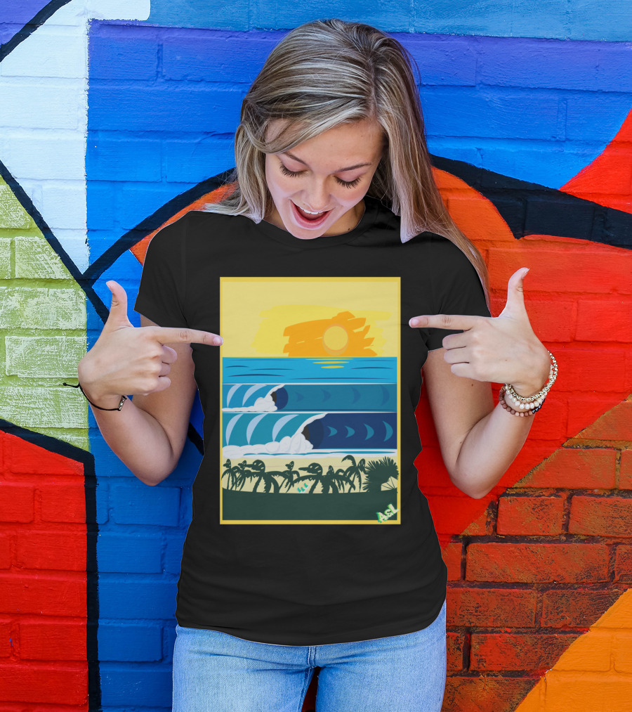 Beach Sticke Waves Surf Palms Sunset Ocean Scene T-Shirt