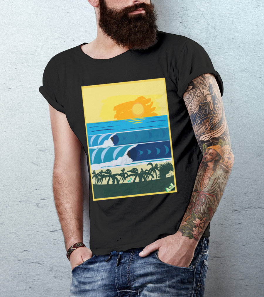 Beach Sticke Waves Surf Palms Sunset Ocean Scene T-Shirt