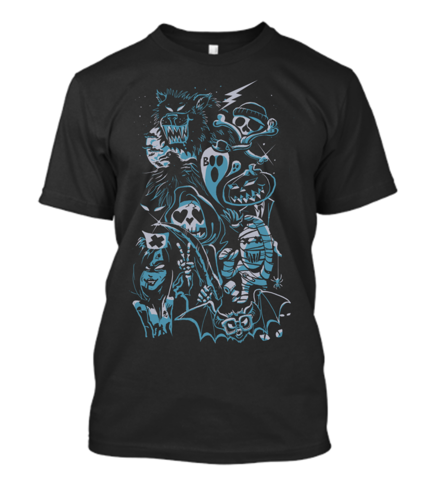 BOO Werewolf Skull Pumpkin Ghost Mummy Bat Halloween Fun T-Shirt