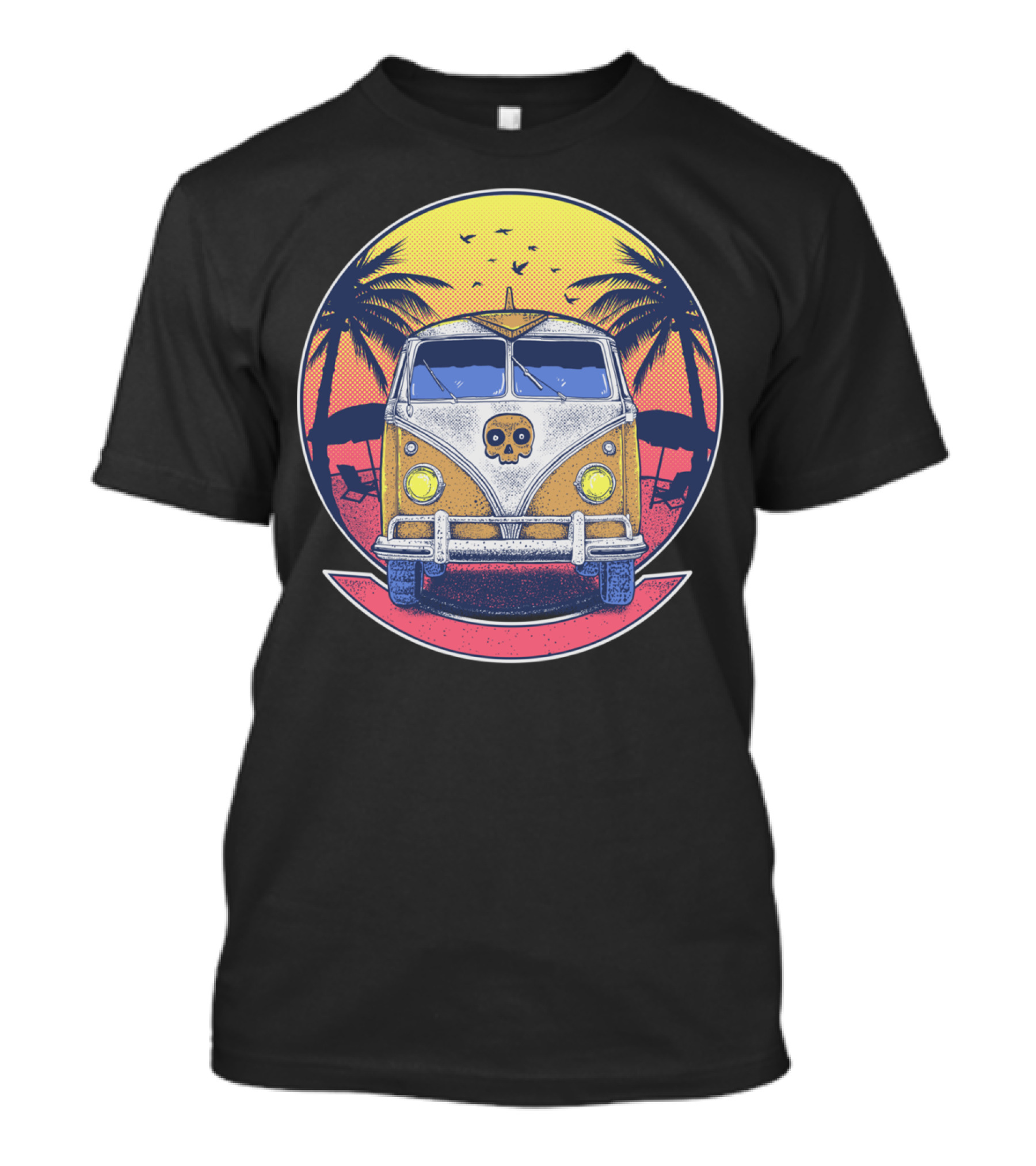 Beach Van Sunset Skull Adventure Palm Trees Retro Circle T-Shirt