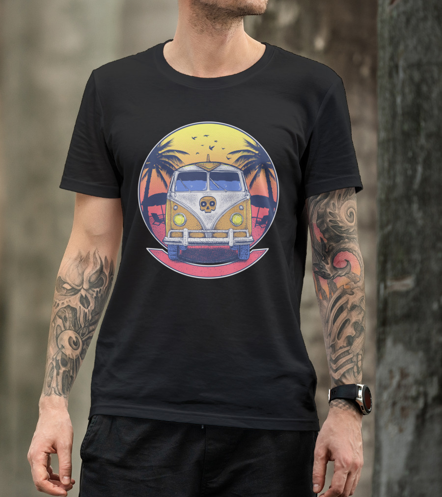 Beach Van Sunset Skull Adventure Palm Trees Retro Circle T-Shirt