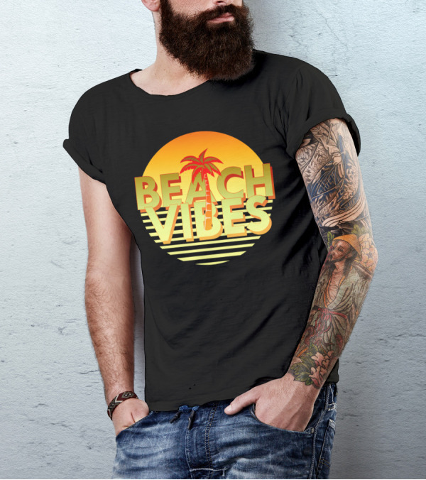 Beach Vibes Palm Tree Sunset Stripes Retro T-Shirt