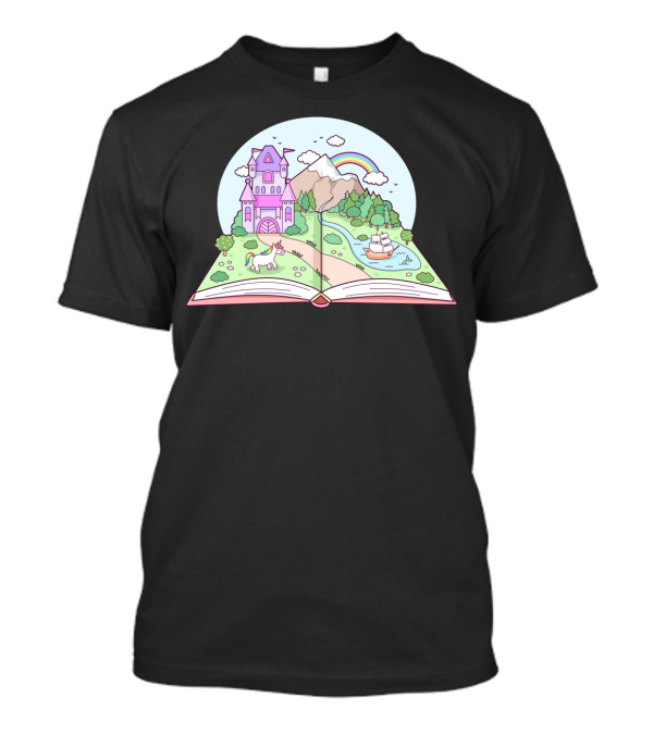 Open Book Fantasy Castle Unicorn Rainbow Landscape Adventure T-Shirt