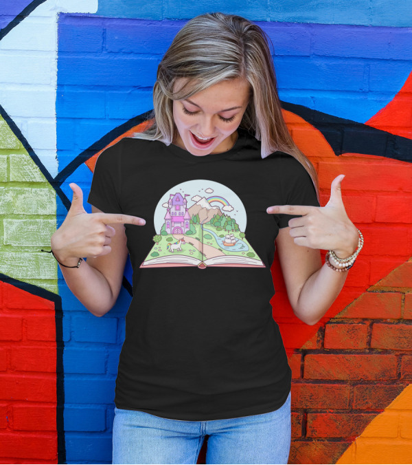 Open Book Fantasy Castle Unicorn Rainbow Landscape Adventure T-Shirt