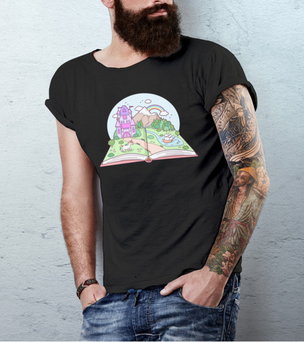Open Book Fantasy Castle Unicorn Rainbow Landscape Adventure T-Shirt