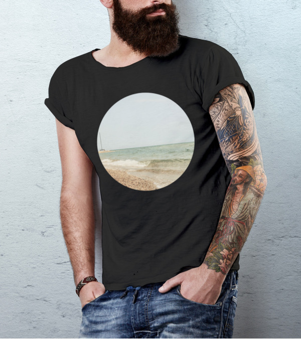 Beachscape Ocean Tranquility Pebble Shoreline With Sailboat T-Shirt