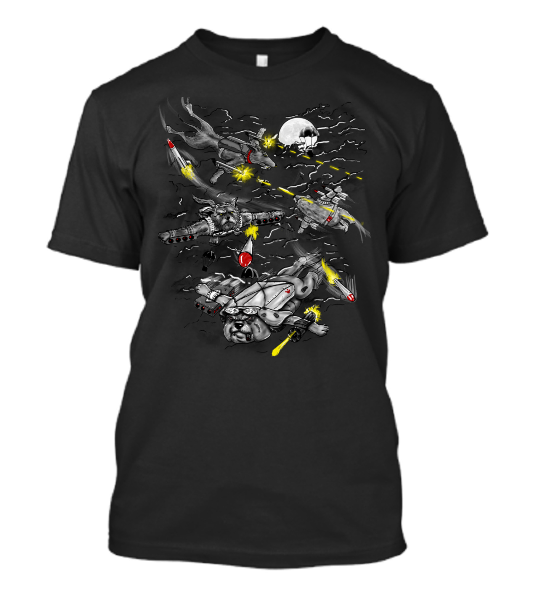 Dog Fight Jetpack Canine Battle Under Full Moon With Rockets And Fighter Planes T-Shirt