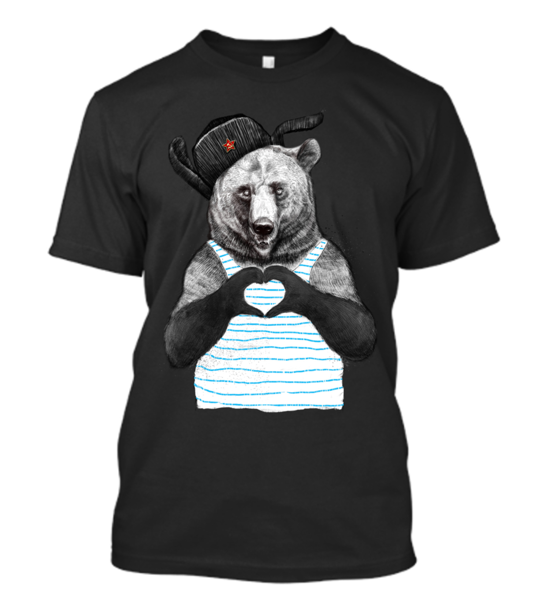 Bear In Striped Tank With Heart Gesture And Ushanka Hat Star Emblem T-Shirt