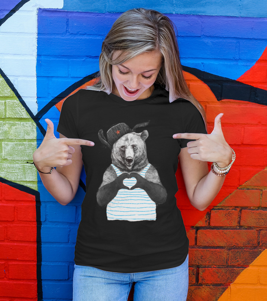 Bear In Striped Tank With Heart Gesture And Ushanka Hat Star Emblem T-Shirt